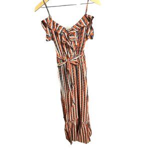 Gap Womens M Ruffled Off-Shoulder Geometric Print Maxi Dress With Tie Waist Mult